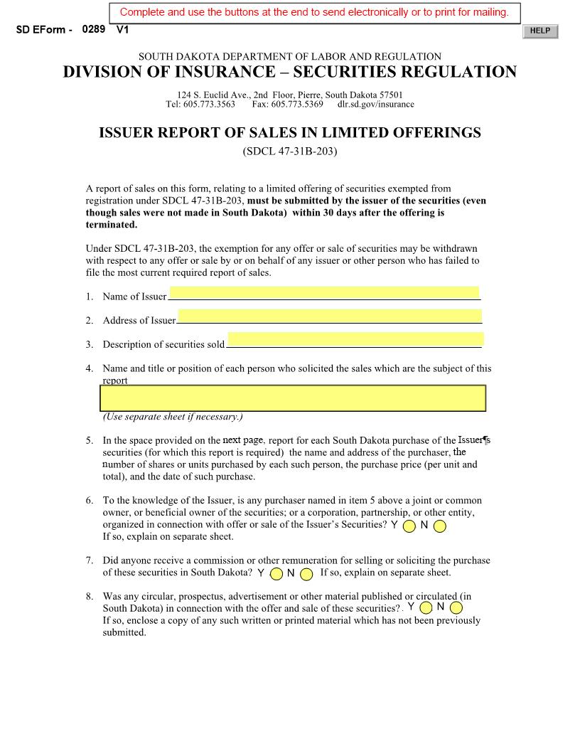 Issuer Report Of Sales In Limited Offerings {IRS} | Pdf Fpdf Doc Docx | South Dakota