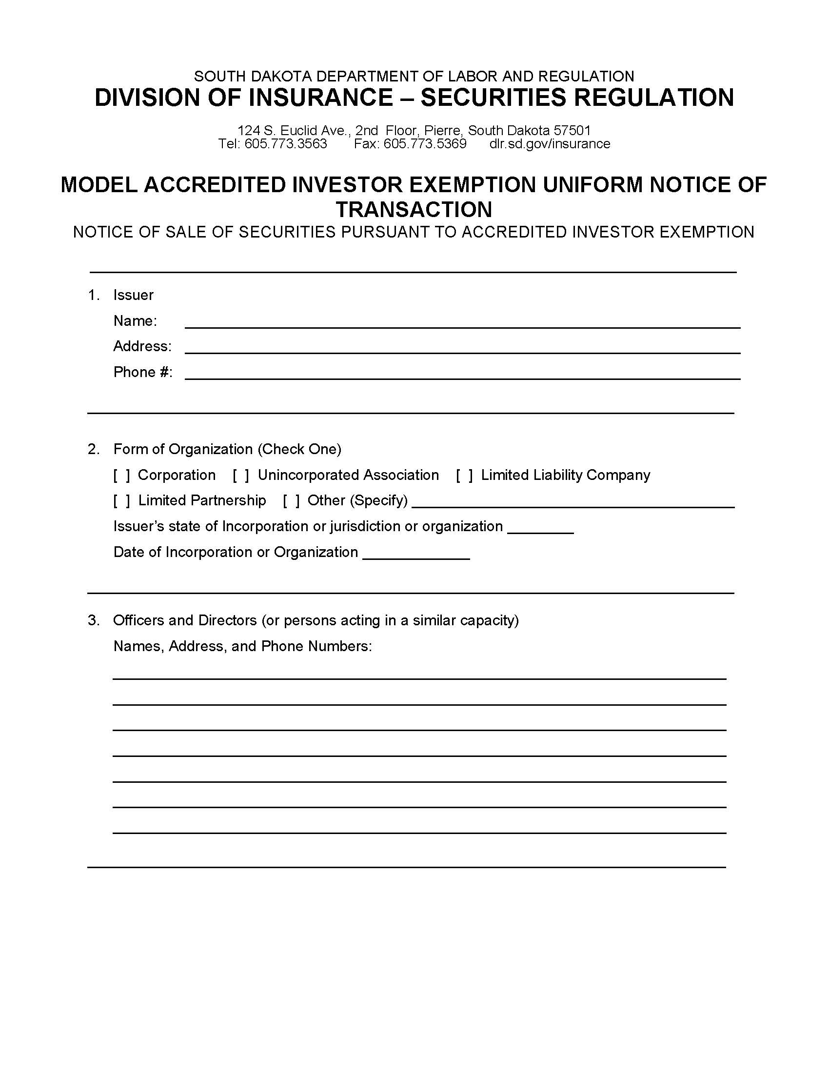 Model Accredited Investor Exemption Uniform Notice Of Transaction | Pdf Fpdf Doc Docx | South Dakota