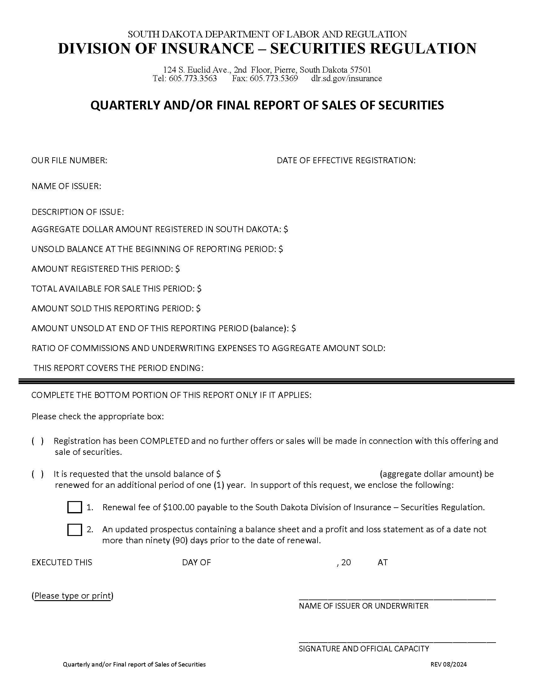 Quarterly And Or Final Report Of Sales Of Security {QR} | Pdf Fpdf Doc Docx | South Dakota