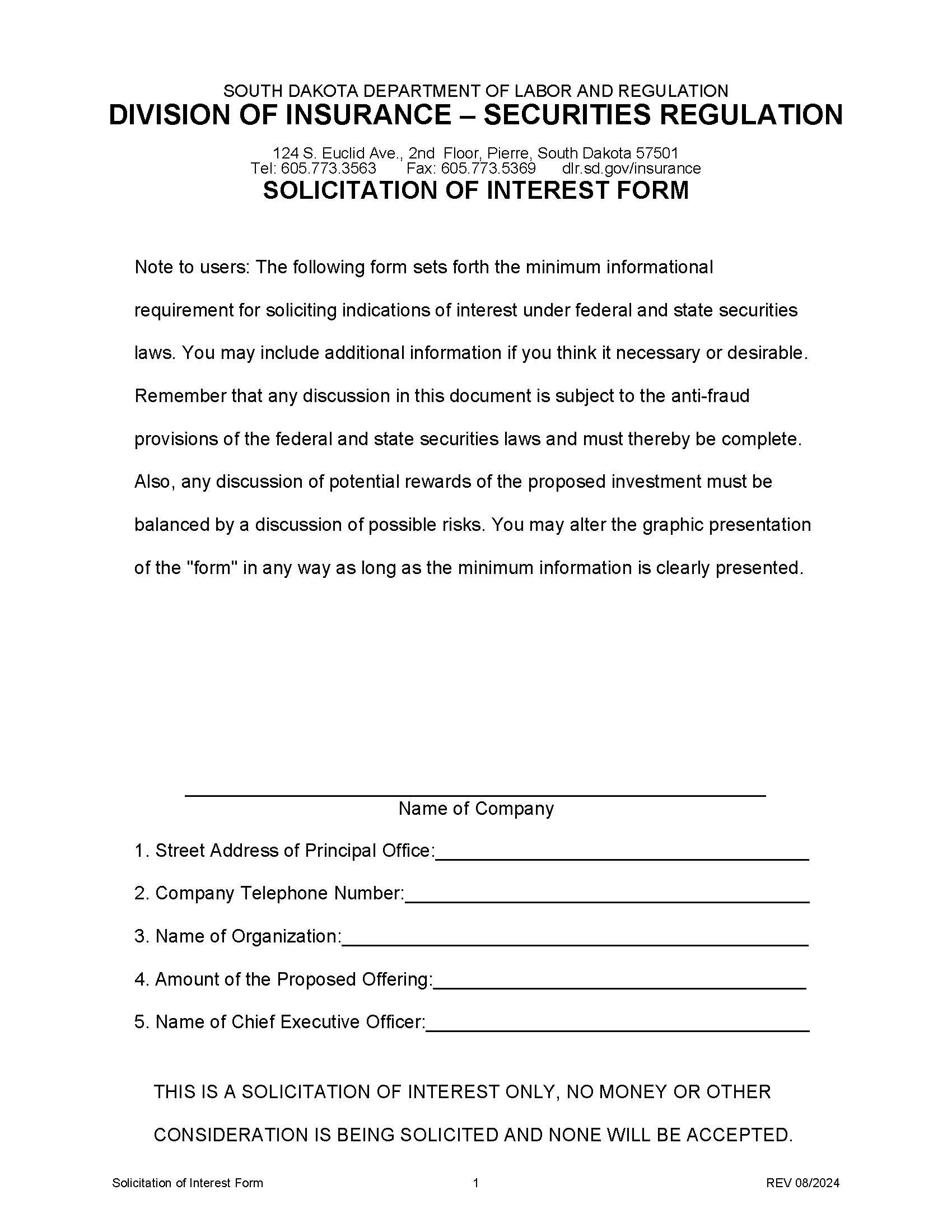 Solicitation Of Interest Form | Pdf Fpdf Doc Docx | South Dakota