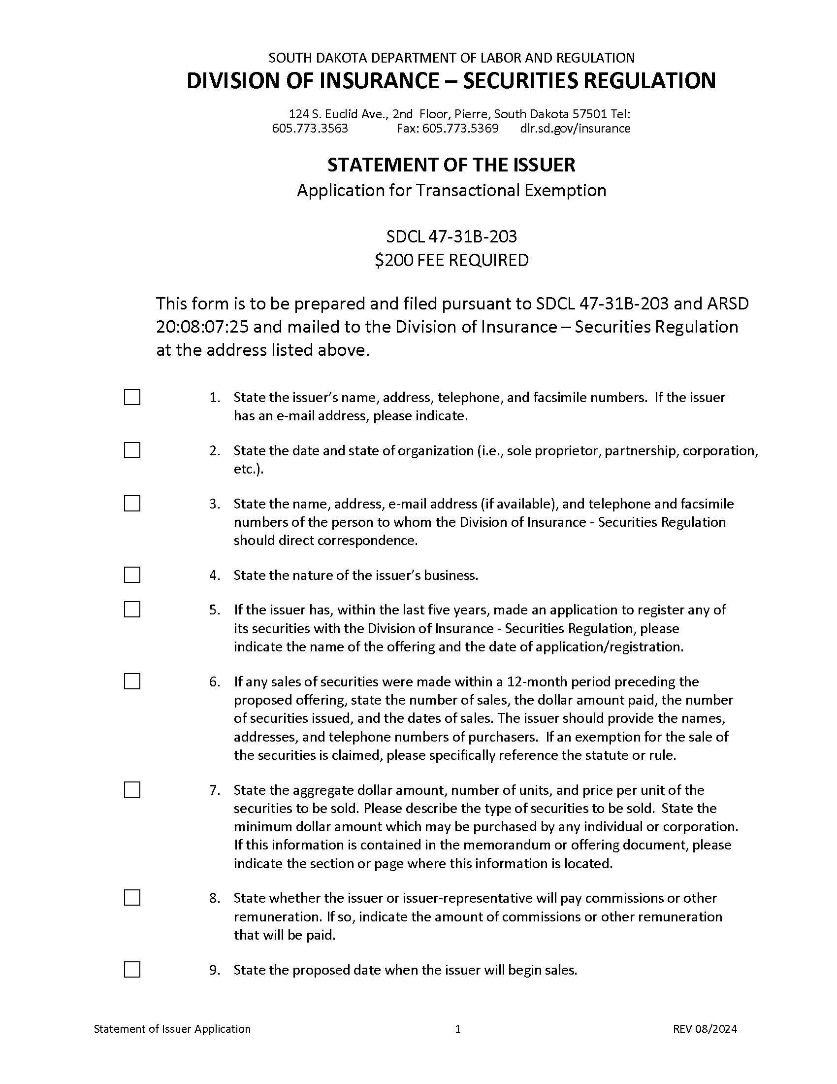 Statement Of Issuer {SI} | Pdf Fpdf Doc Docx | South Dakota