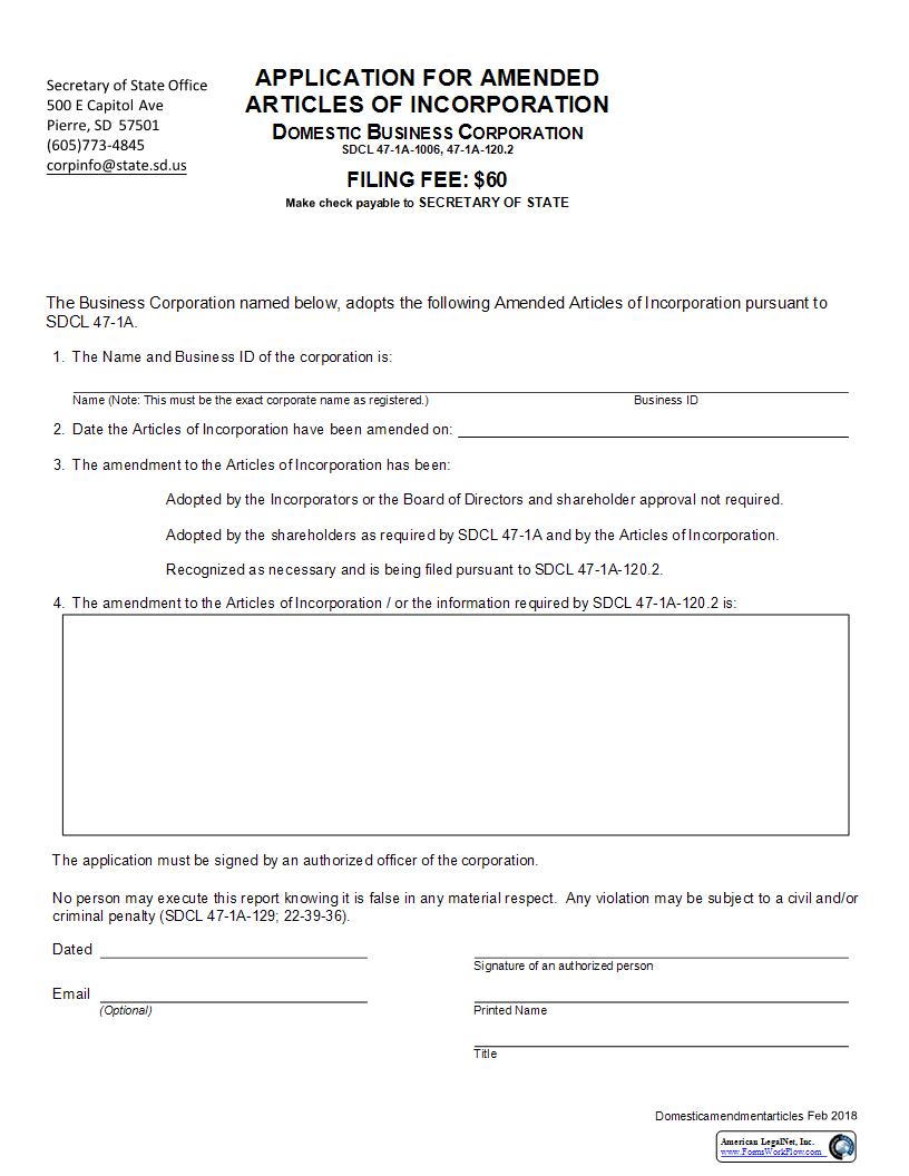 Application For Amended Articles Of Incorporation | Pdf Fpdf Docx | South Dakota