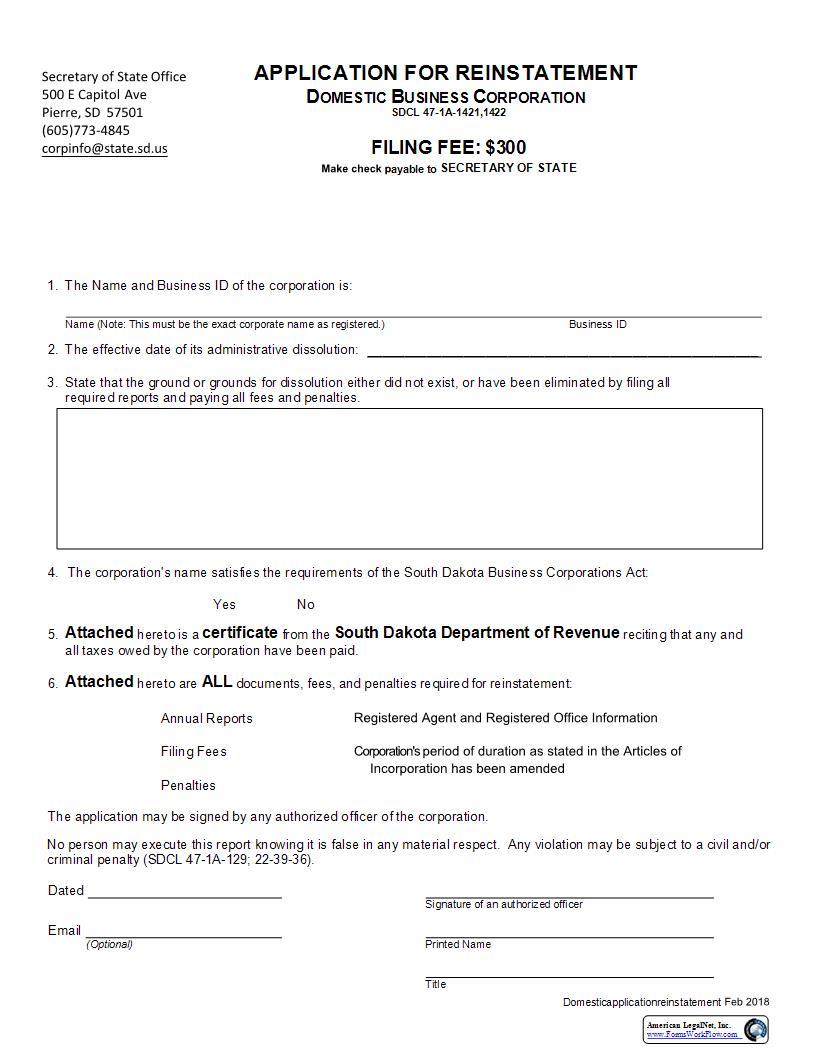 Application For Reinstatement | Pdf Fpdf Docx | South Dakota