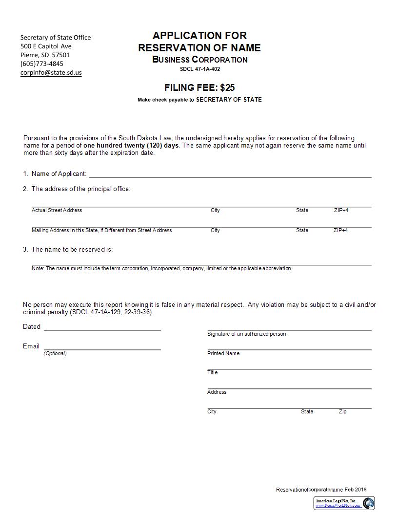 Application For Reservation Of Name | Pdf Fpdf Docx | South Dakota