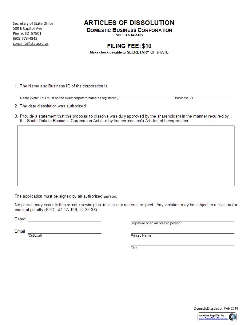 Articles Of Dissolution | Pdf Fpdf Docx | South Dakota