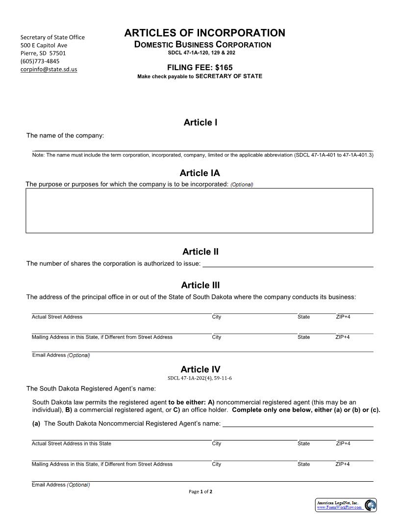 Articles Of Incorporation | Pdf Fpdf Docx | South Dakota