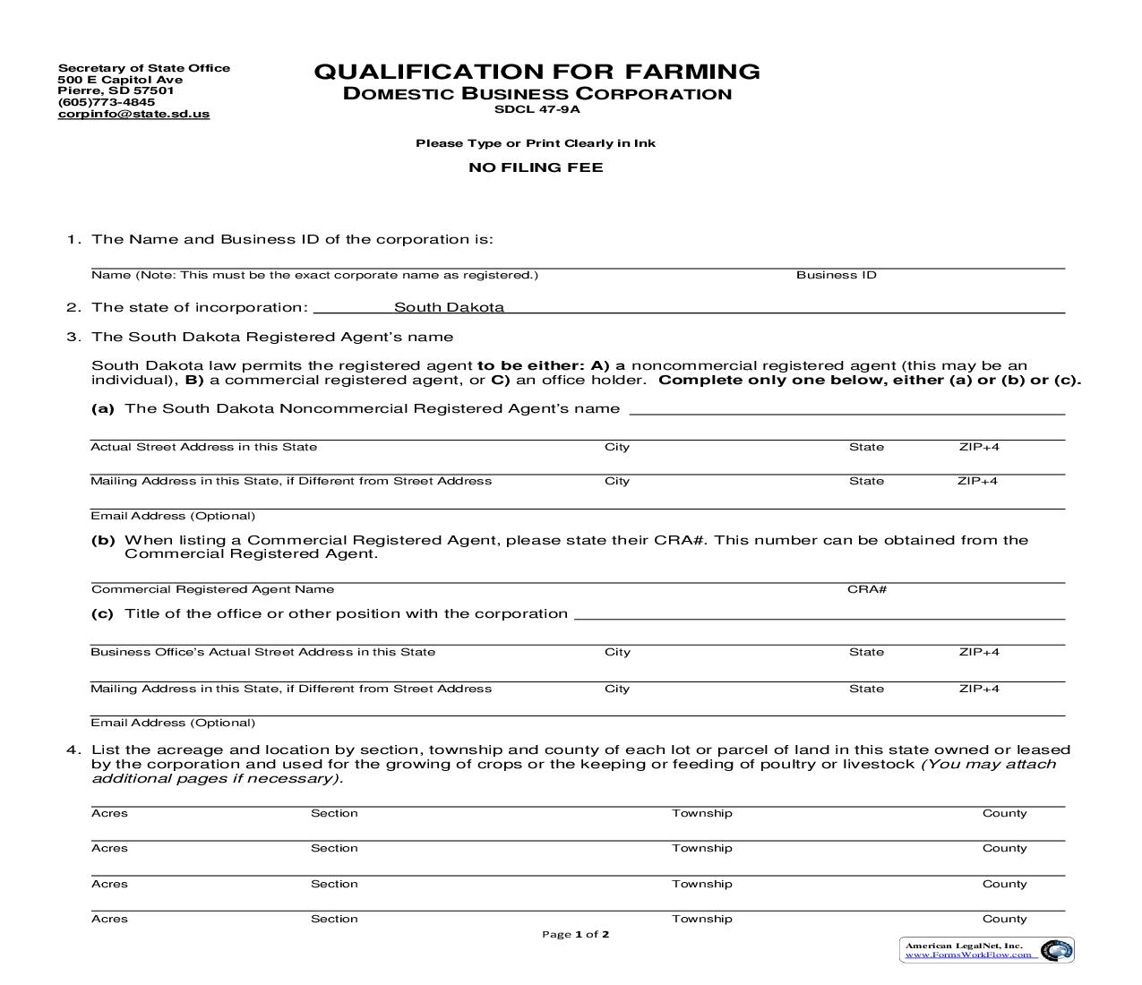 Qualification For Farming (Domestic Business Corp) | Pdf Fpdf Doc Docx | South Dakota