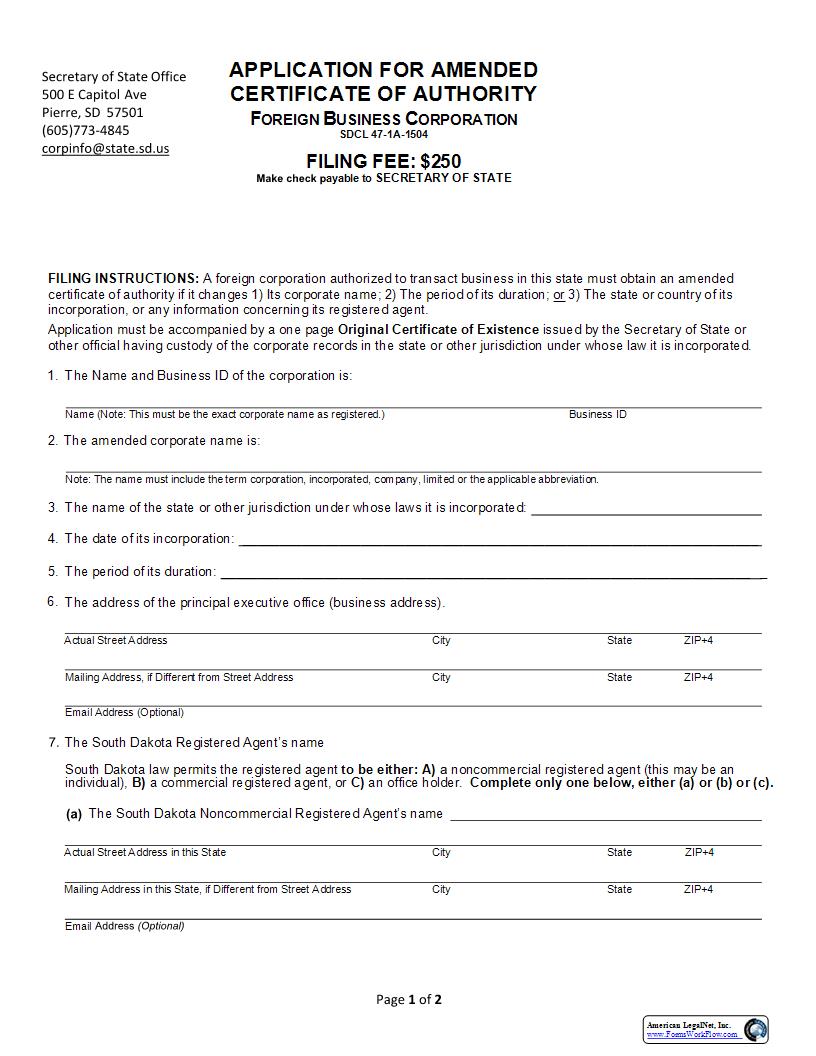 Application For Amended Certificate Of Authority | Pdf Fpdf Docx | South Dakota