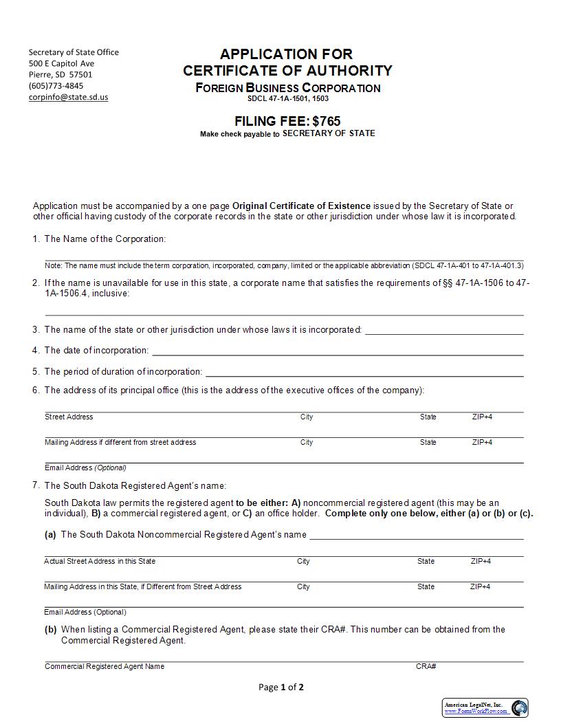 Application For Certificate Of Authority | Pdf Fpdf Docx | South Dakota