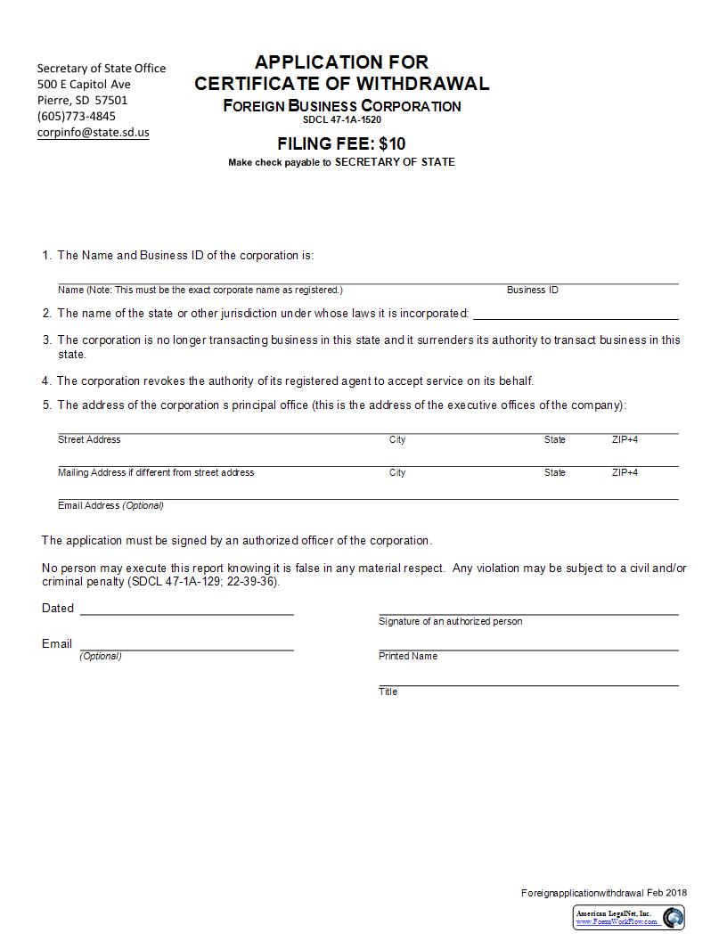 Application For Certificate Of Withdrawal | Pdf Fpdf Docx | South Dakota