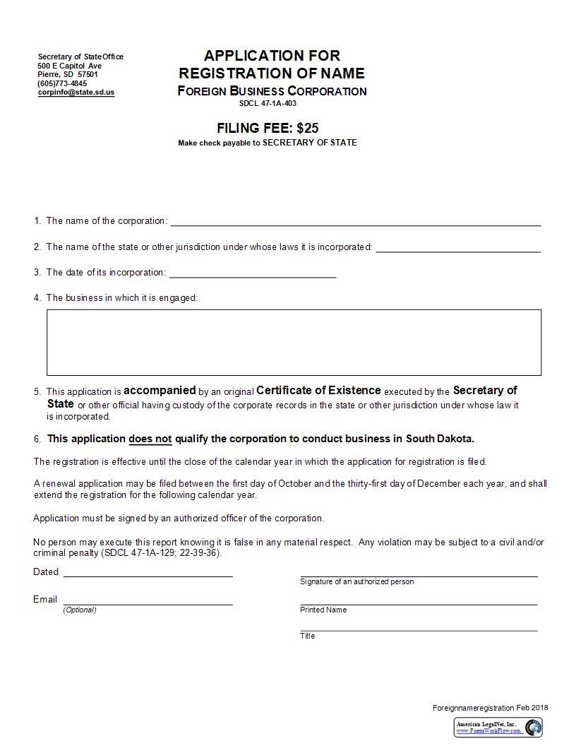 Application For Registration Of Name | Pdf Fpdf Docx | South Dakota