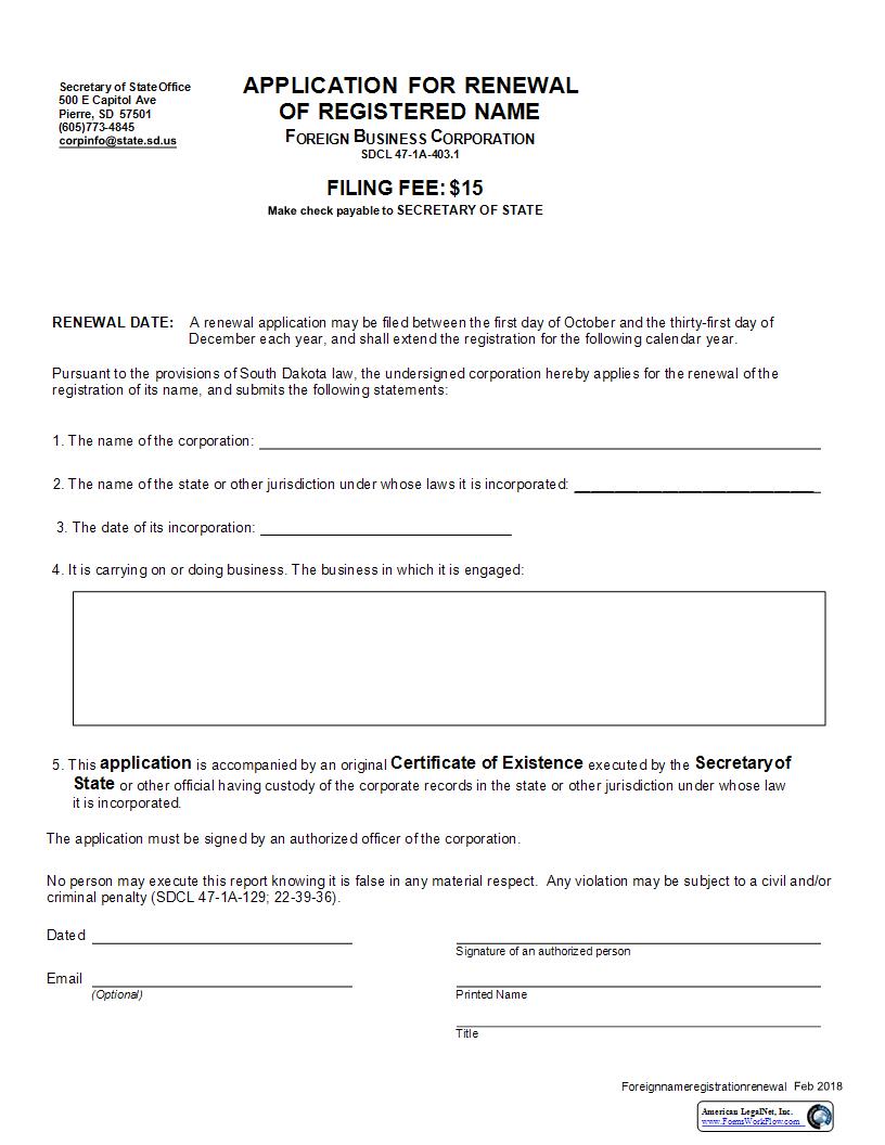 Application For Renewal Of Registered Name | Pdf Fpdf Docx | South Dakota