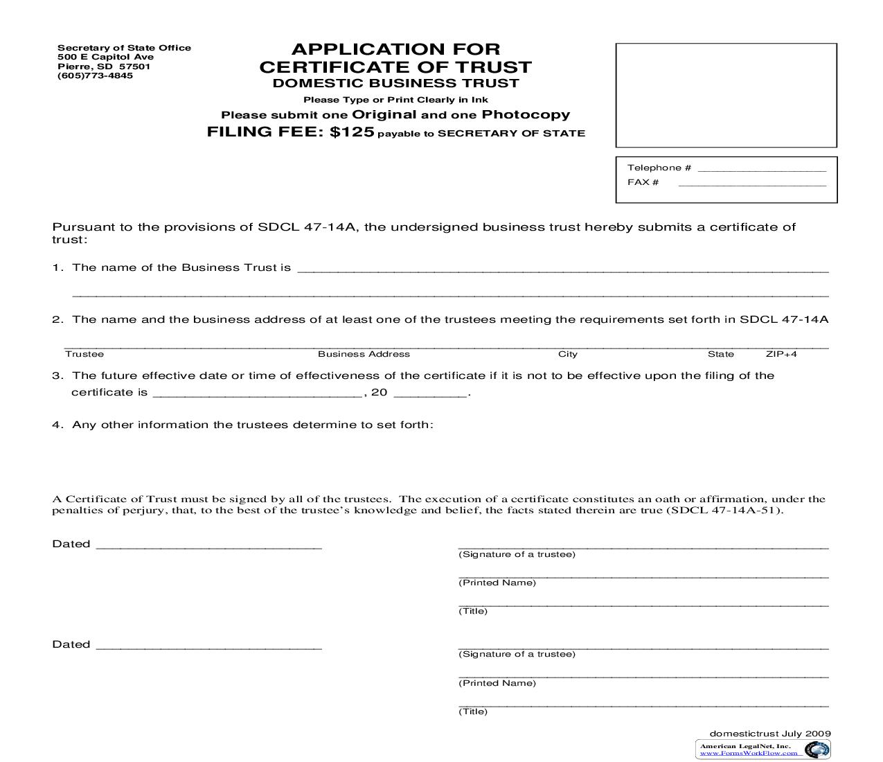 Application For Certificate Of Trust | Pdf Fpdf Doc Docx | South Dakota