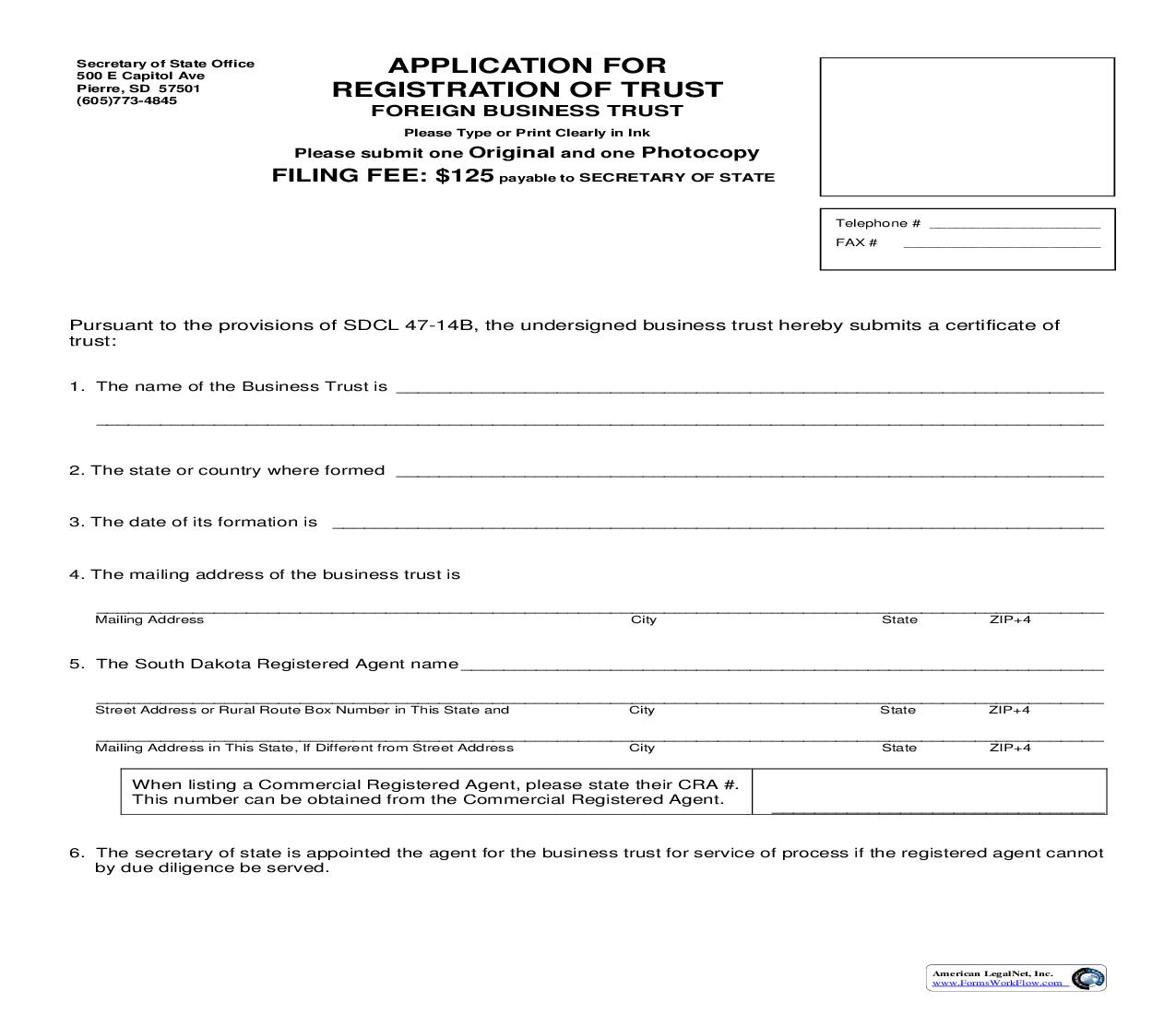 Application For Registration Of Trust | Pdf Fpdf Doc Docx | South Dakota