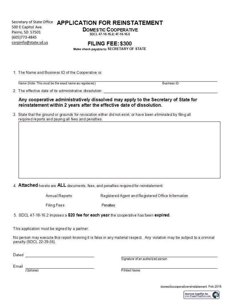 Application For Reinstatement (Domestic Cooperative) | Pdf Fpdf Docx | South Dakota