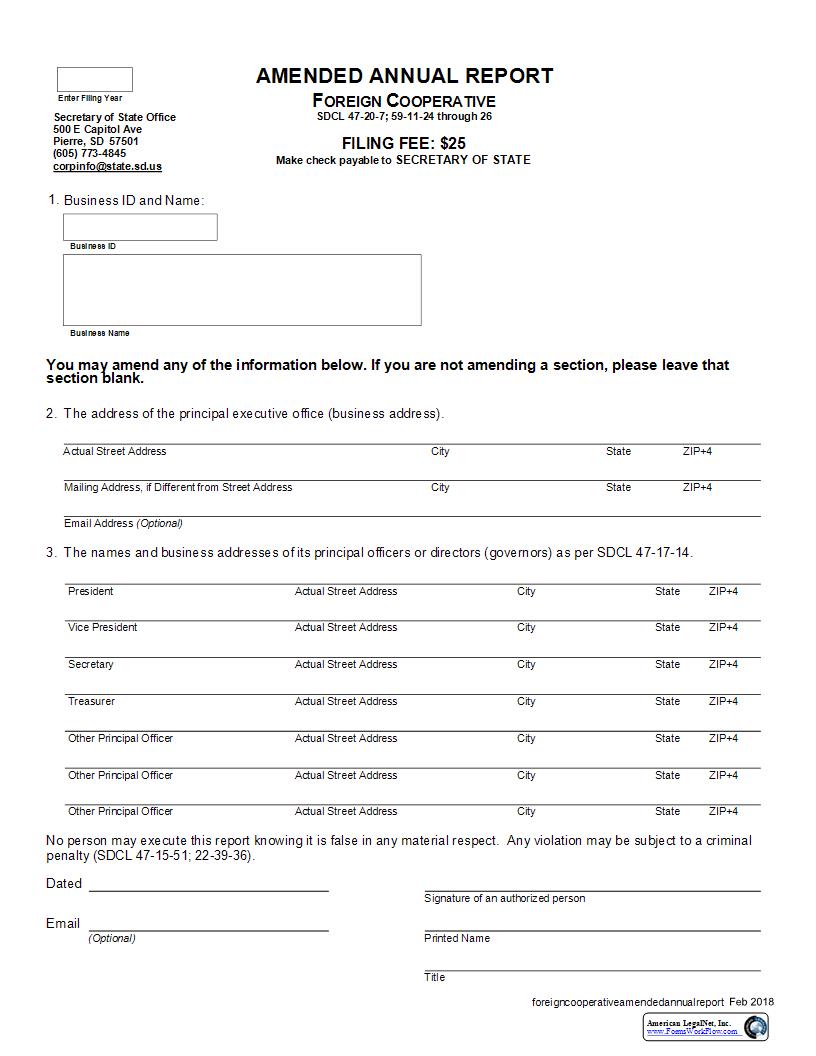 Amended Annual Report (Foreign Cooperative) | Pdf Fpdf Docx | South Dakota