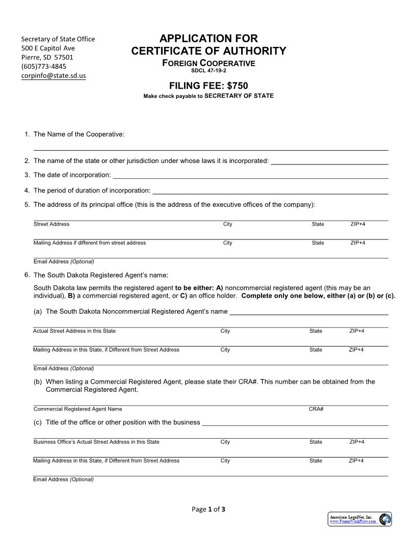 Application For Certificate Of Authority (Foreign Cooperative) | Pdf Fpdf Docx | South Dakota
