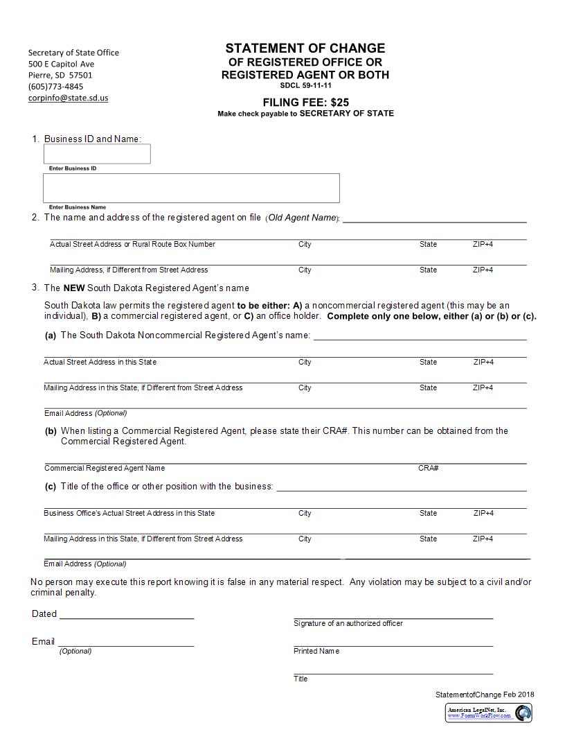 Statement Of Change Of Registered Office Or Registered Agent Or Both (Foreign Cooperative) | Pdf Fpdf Docx | South Dakota