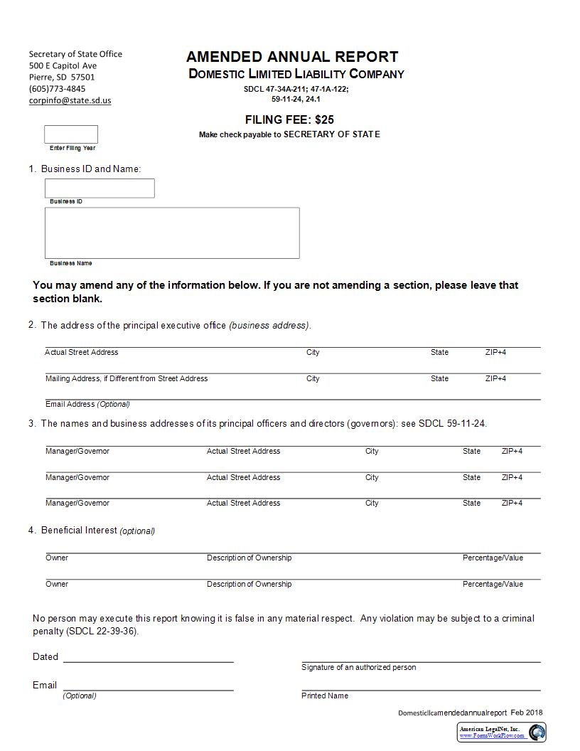Amended Annual Report (Domestic Limited Liability Company) | Pdf Fpdf Docx | South Dakota