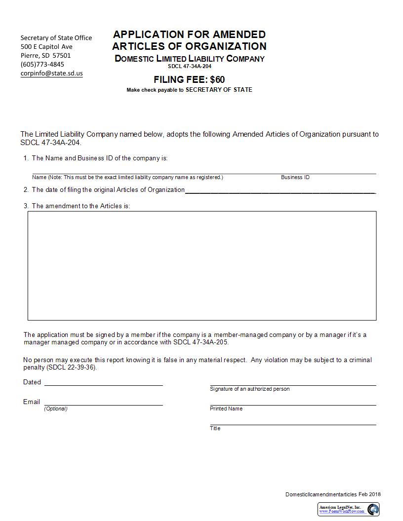 Application For Amended Articles Of Organization | Pdf Fpdf Docx | South Dakota