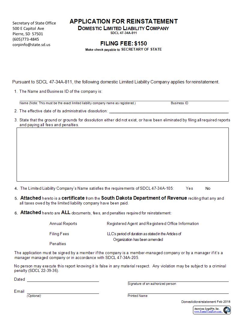 Application For Reinstatement Of Domestic Limited Liability Company | Pdf Fpdf Docx | South Dakota