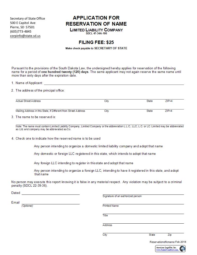 Application For Reservation Of Name (Domestic LLC) | Pdf Fpdf Docx | South Dakota