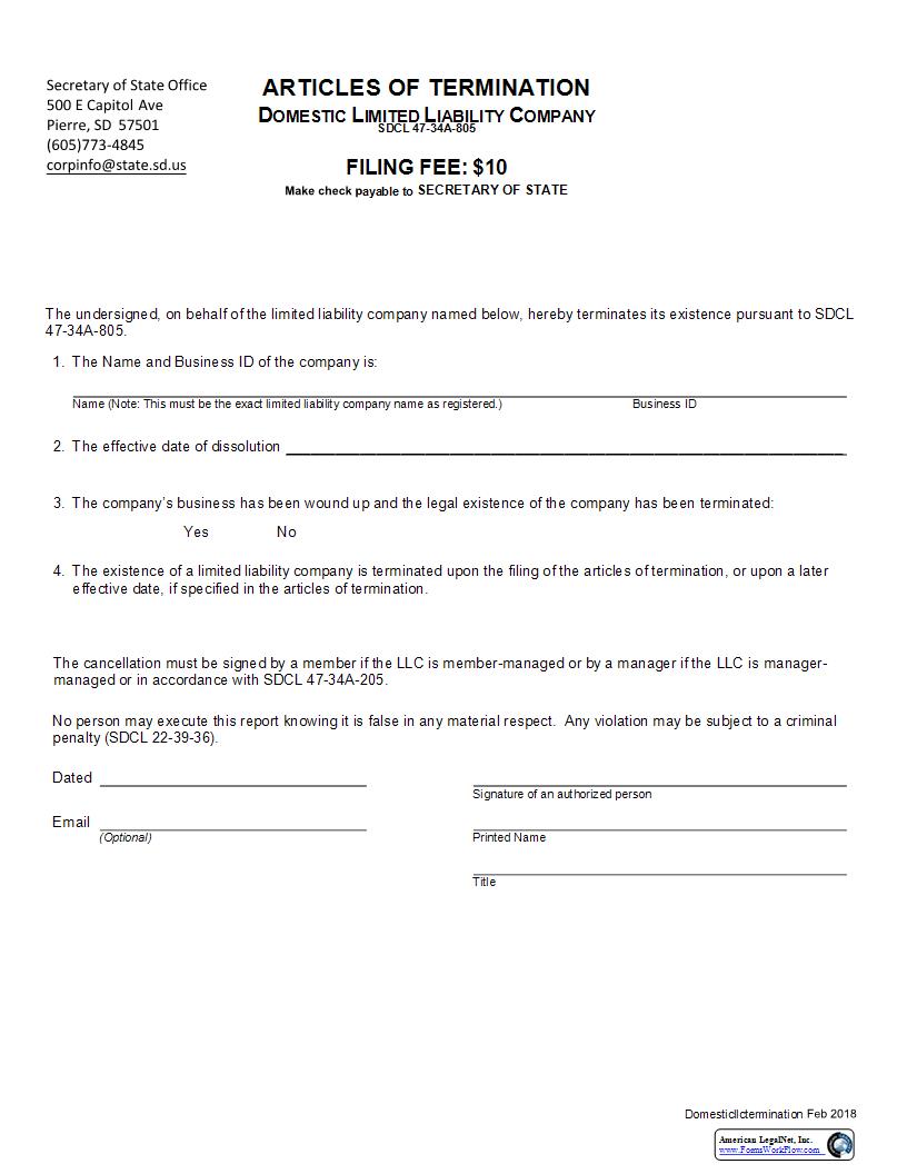 Articles Of Termination | Pdf Fpdf Docx | South Dakota
