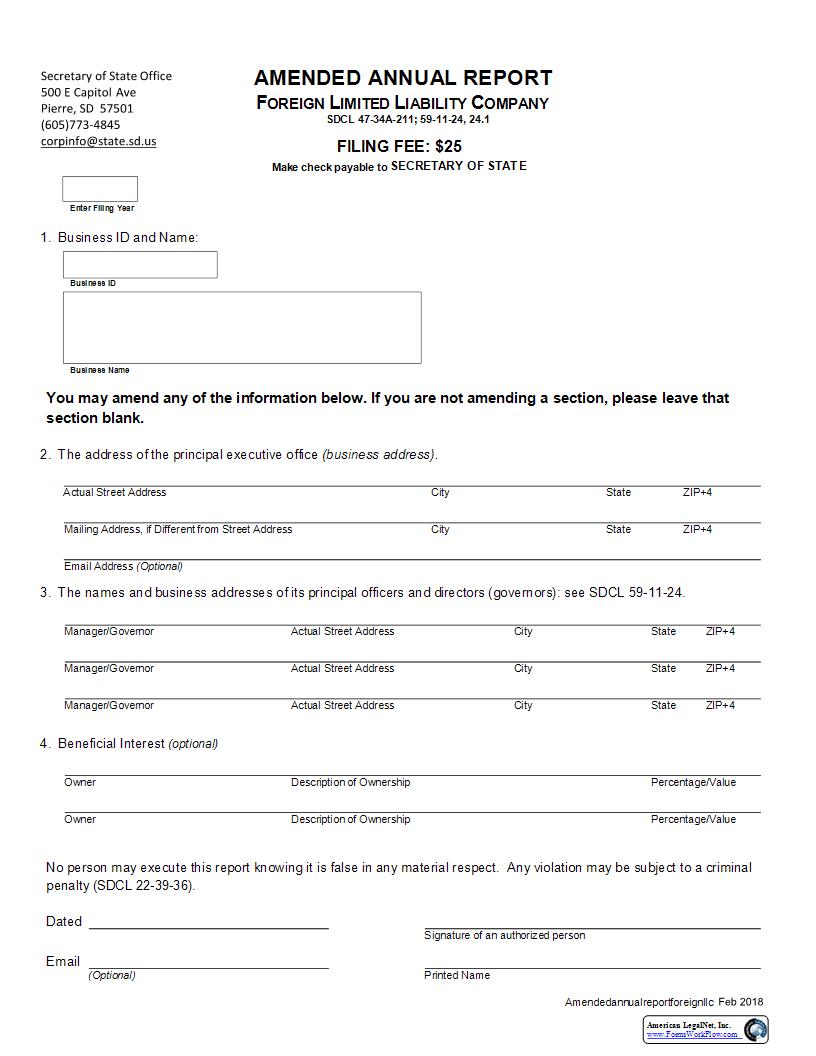 Amended Annual Report (Foreign Limited Liability Company) | Pdf Fpdf Docx | South Dakota