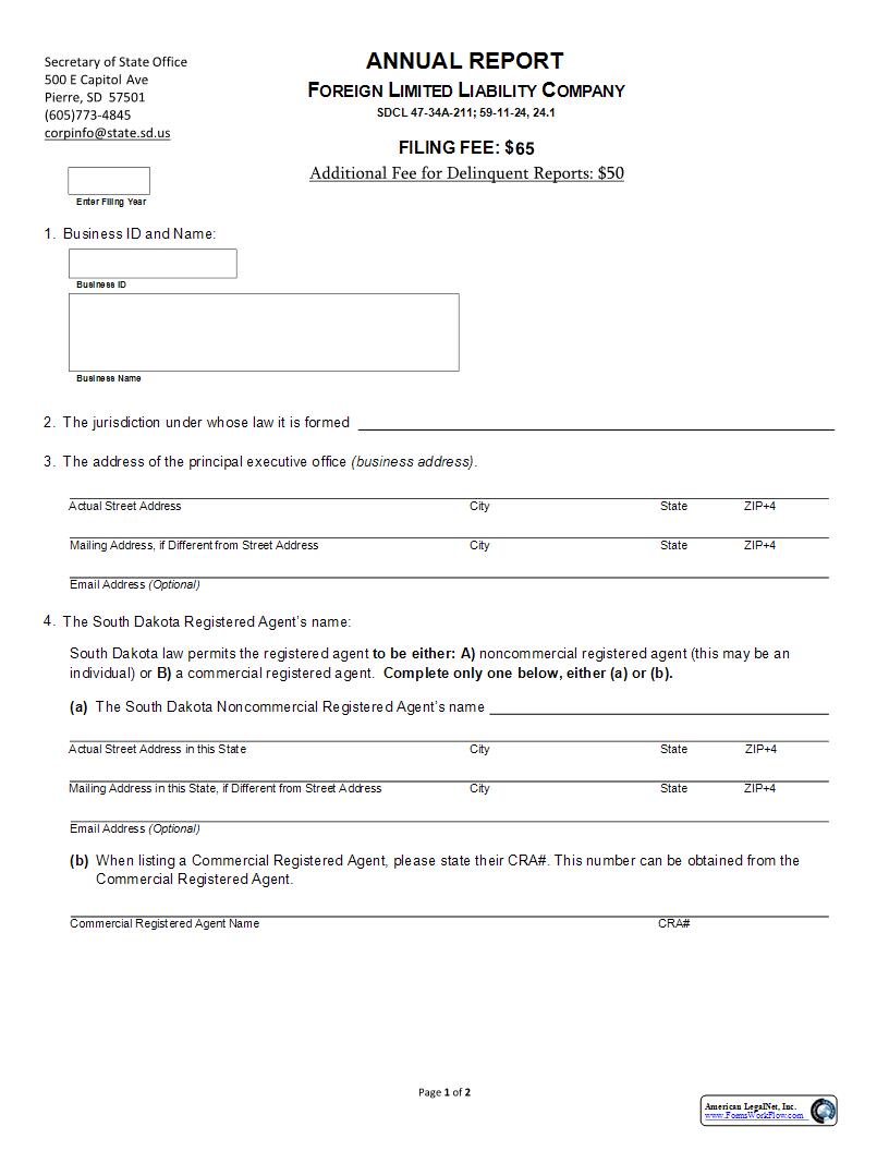 Annual Report (Foreign LLC) | Pdf Fpdf Docx | South Dakota