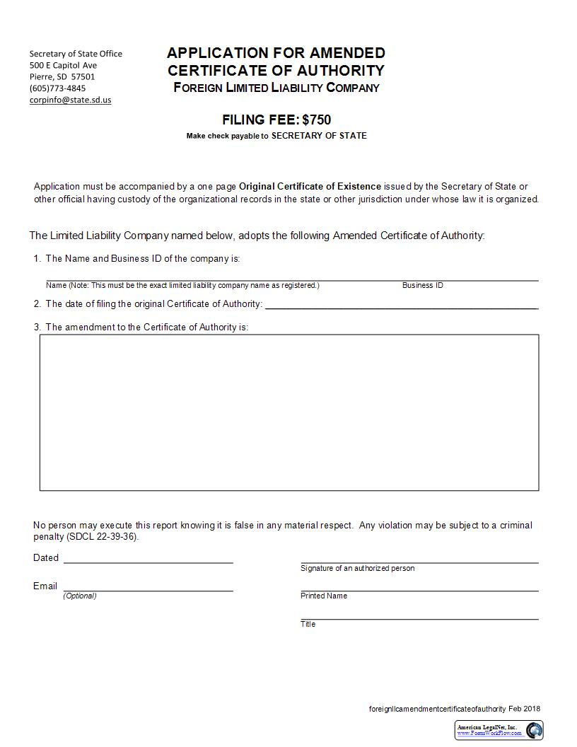 Application For Amended Certificate Of Authority Foreign Limited Liability Company | Pdf Fpdf Docx | South Dakota
