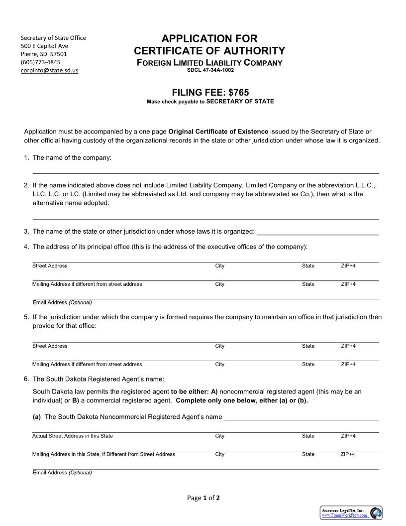 Application For Certificate Of Authority Foreign Limited Liability Company | Pdf Fpdf Docx | South Dakota