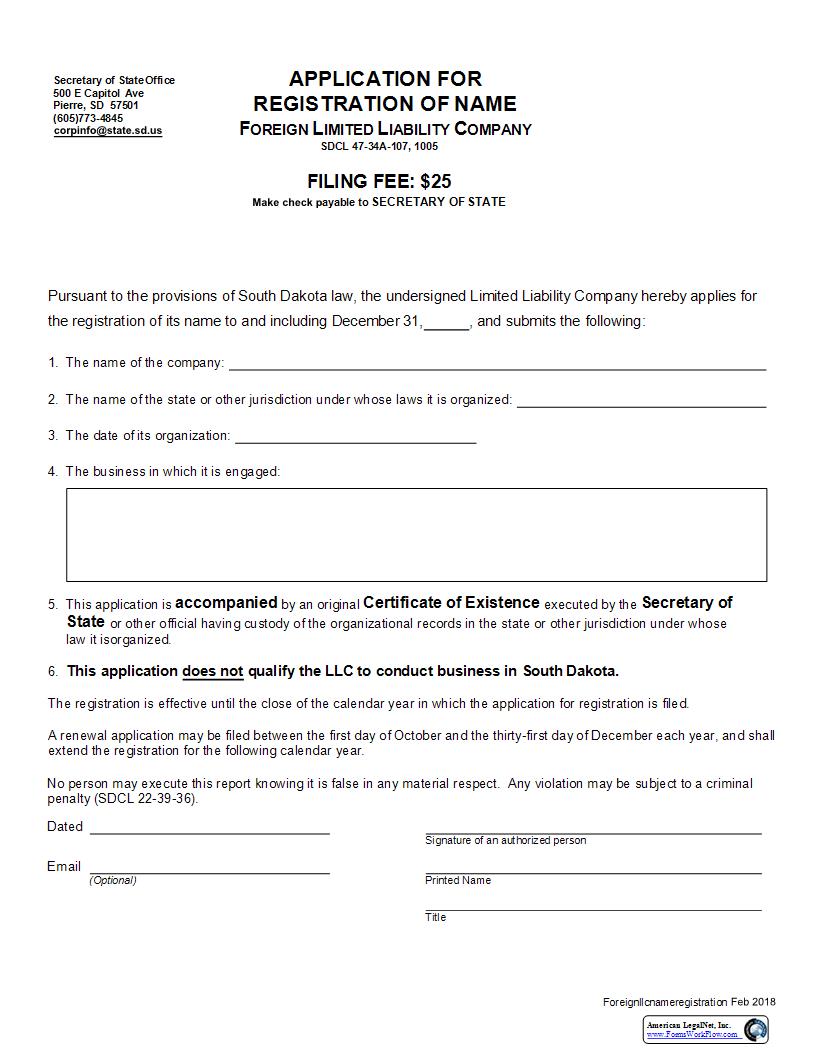 Application For Registration Of Name (Foreign Limited Liability Company) | Pdf Fpdf Docx | South Dakota