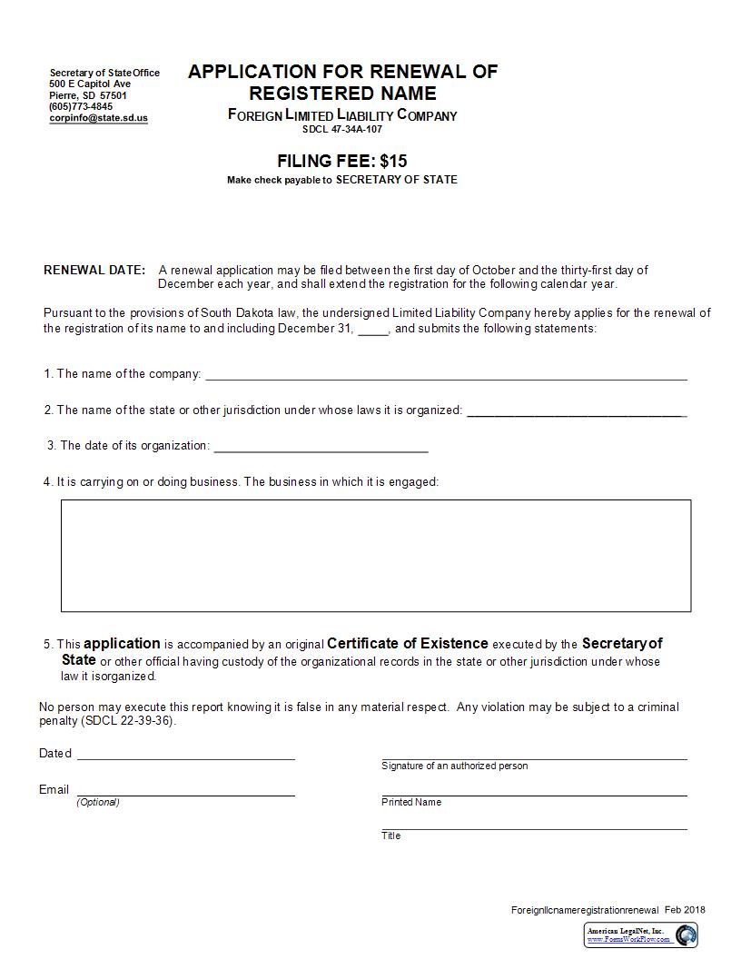 Application For Renewal Of Registered Name Foreign Limited Liability Company | Pdf Fpdf Docx | South Dakota