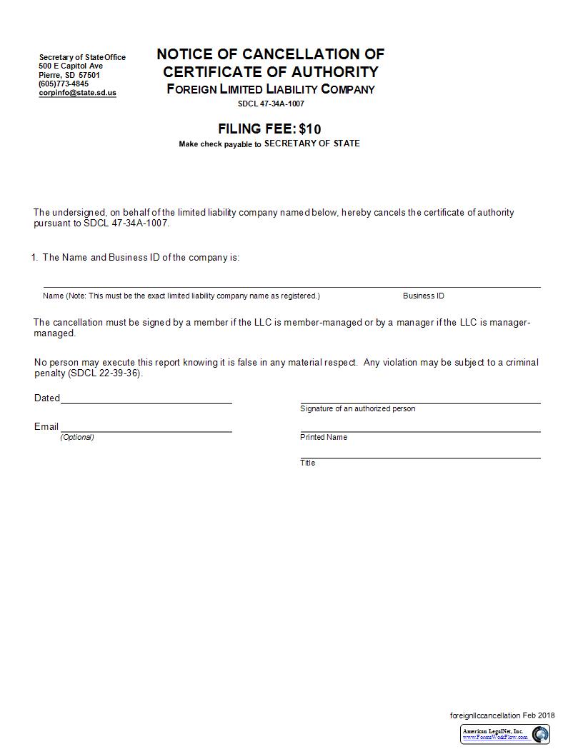 Notice Of Cancellation Of Certificate Of Authority Of Foreign Limited Liability Company | Pdf Fpdf Docx | South Dakota