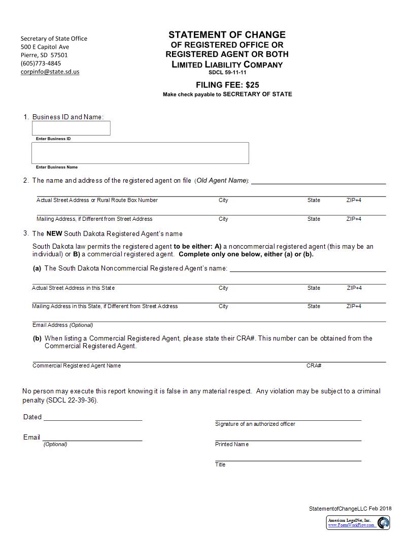 Statement Of Change Of Registered Office Or Registered Agent Or Both (Foreign LLC) | Pdf Fpdf Docx | South Dakota