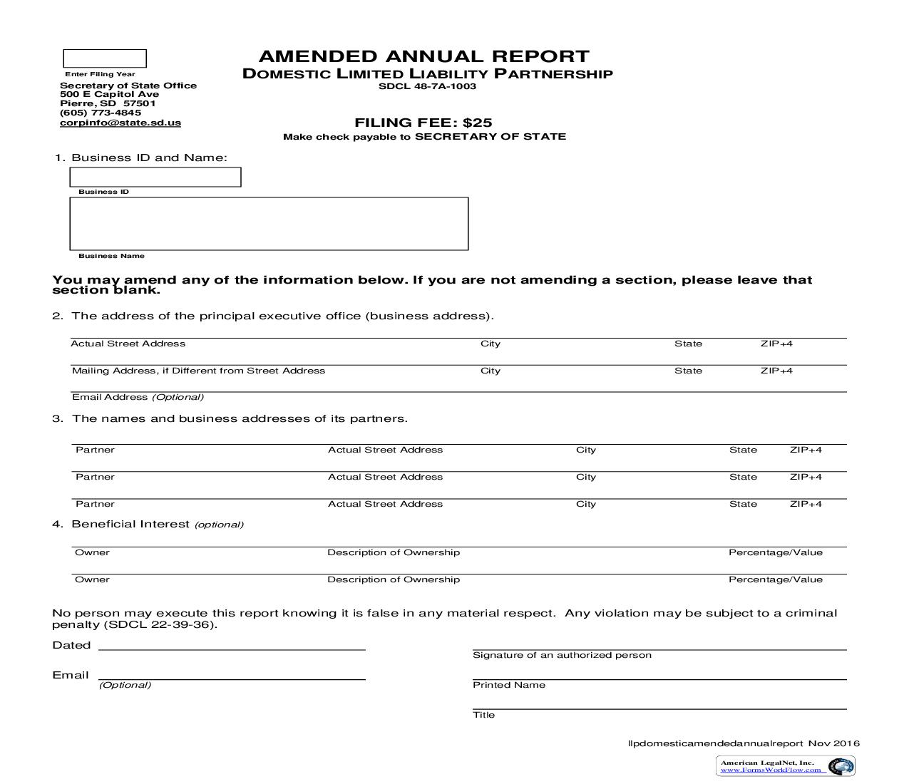 Amended Annual Report (Domestic Limited Liability Partnership) | Pdf Fpdf Doc Docx | South Dakota