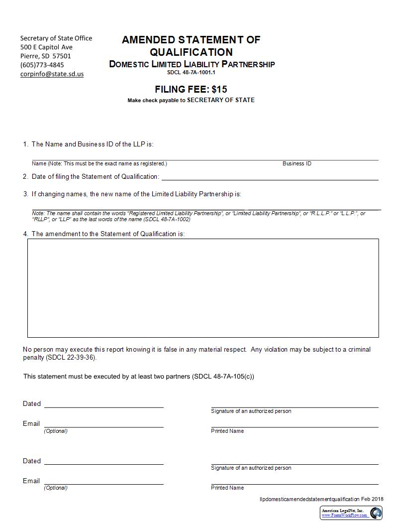 Amended Statement Of Qualification (Domestic Limited Liability Partnership) | Pdf Fpdf Docx | South Dakota