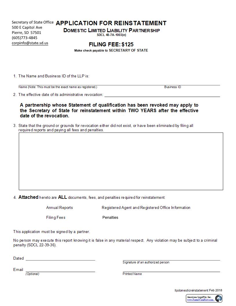 Application For Reinstatement Of A Domestic LLP | Pdf Fpdf Docx | South Dakota