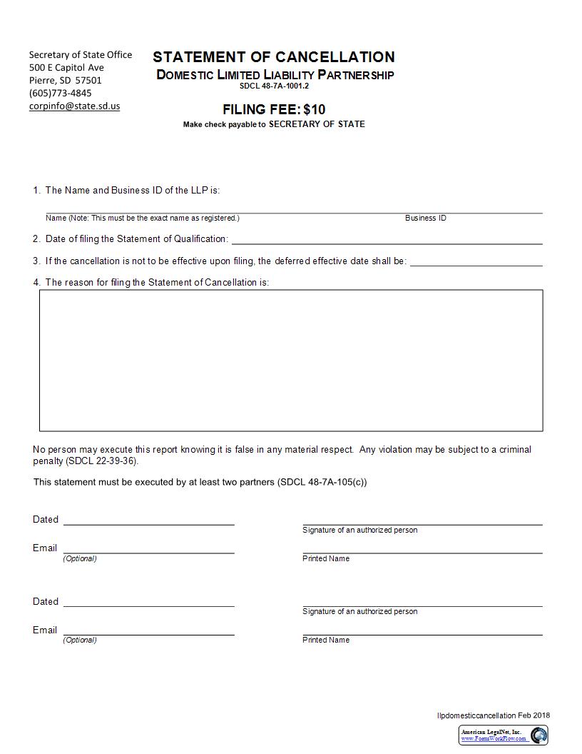 Statement Of Cancellation (Domestic Limited Liability Partnership) | Pdf Fpdf Docx | South Dakota