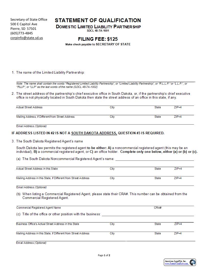 Statement Of Qualification (Domestic Limited Liability Partnership) | Pdf Fpdf Docx | South Dakota