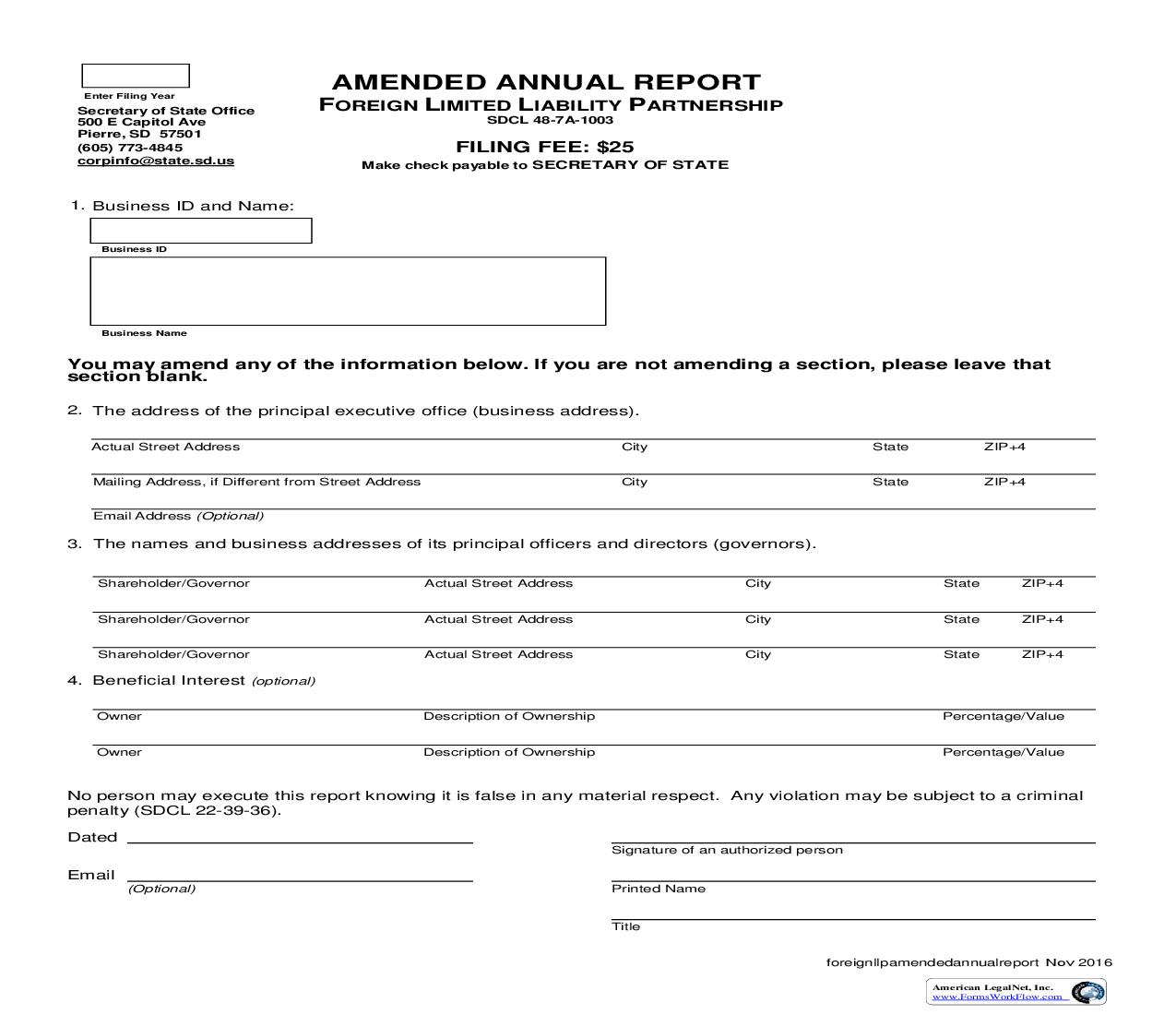 Amended Annual Report (Foreign Limited Liability Partnership) | Pdf Fpdf Doc Docx | South Dakota