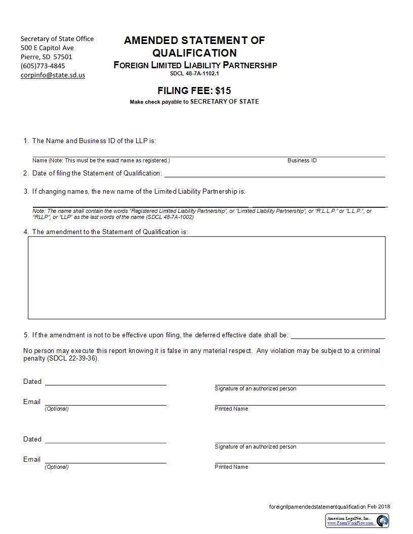 Amended Statement Of Qualification Of A Foreign LLP | Pdf Fpdf Docx | South Dakota