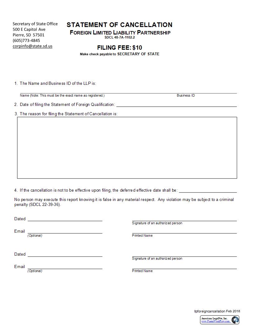 Statement Of Cancellation Of A Foreign Limited Liability Partnership | Pdf Fpdf Docx | South Dakota