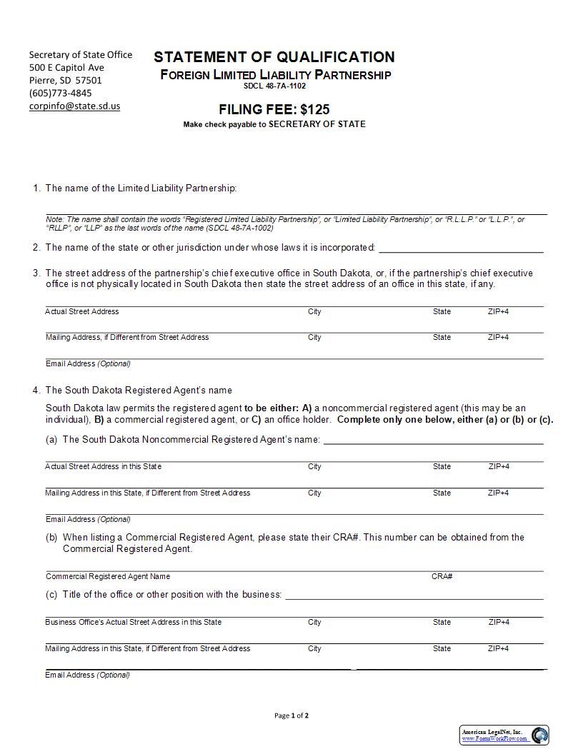 Statement Of Qualification Of A Foreign Limited Liability Partnership | Pdf Fpdf Docx | South Dakota