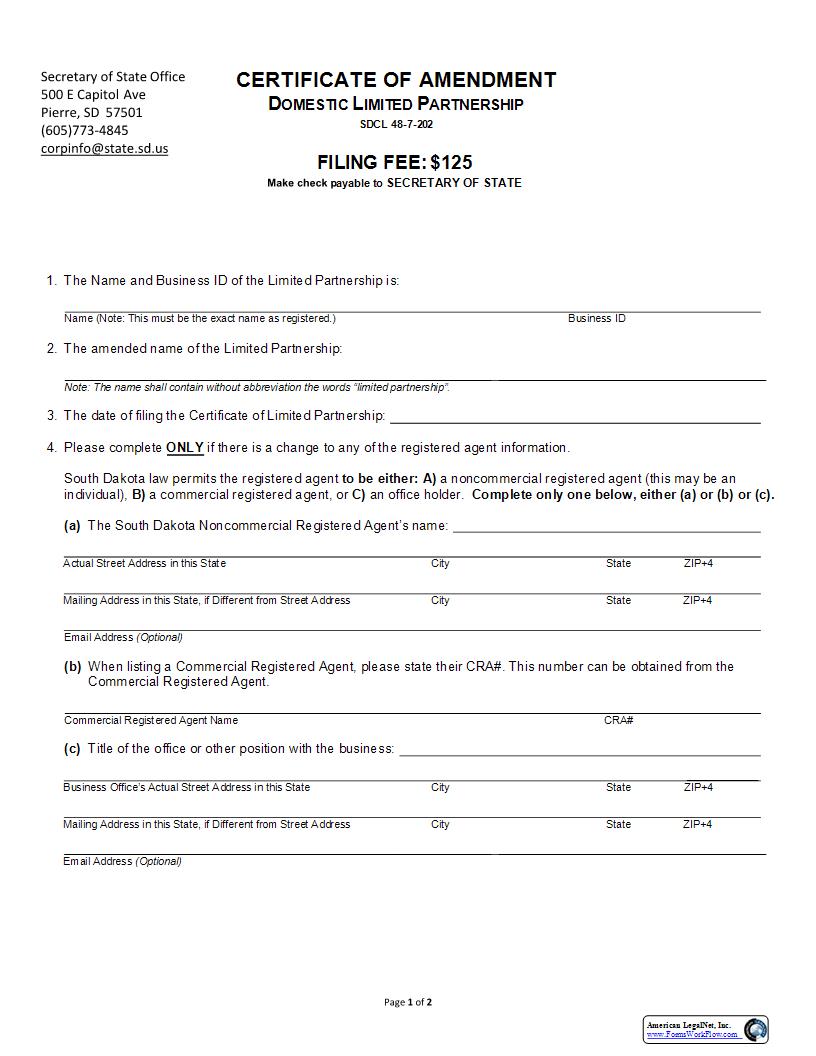 Certificate Of Amendment (Domestic Limited Partnership) | Pdf Fpdf Docx | South Dakota