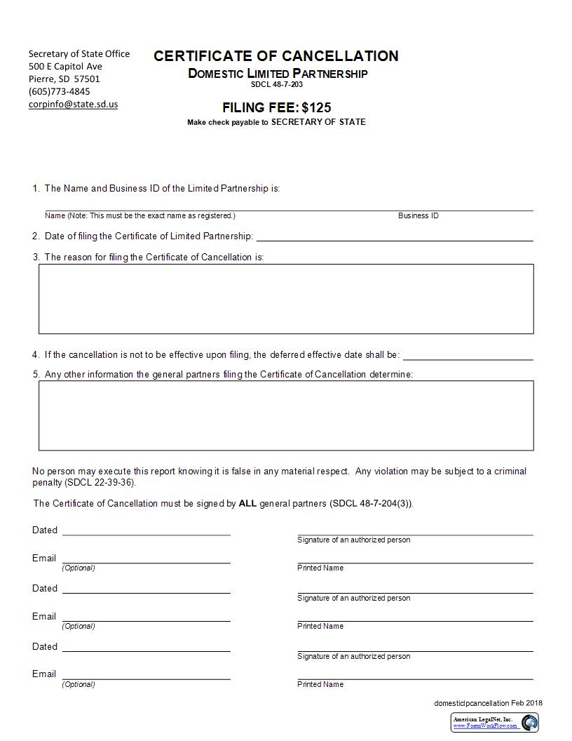 Certificate Of Cancellation (Domestic Limited Partnership) | Pdf Fpdf Docx | South Dakota