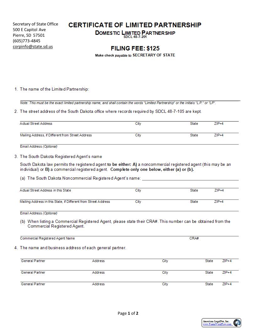 Certificate Of Limited Partnership (Domestic Limited Partnership) | Pdf Fpdf Docx | South Dakota
