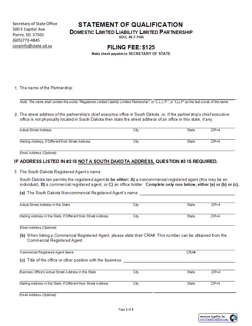 Statement Of Qualification (Domestic Limited Liability Limited Partnership) | Pdf Fpdf Docx | South Dakota