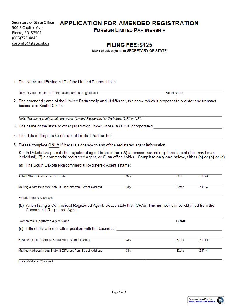 Application For Amended Registration Of A Foreign Limited Partnership | Pdf Fpdf Docx | South Dakota