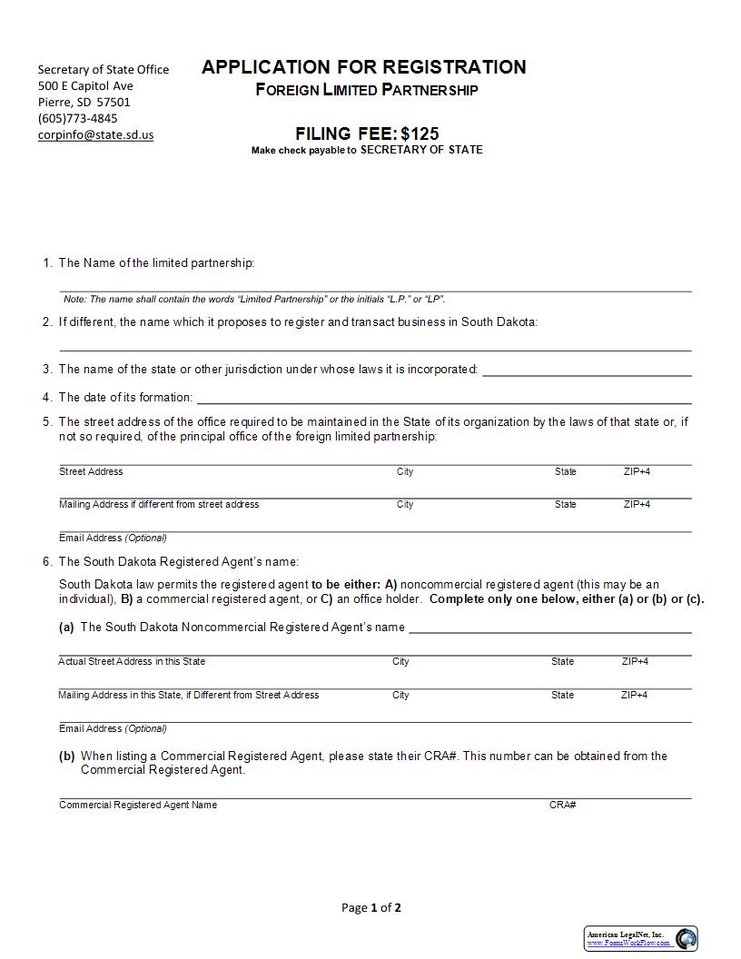 Application For Registration Of A Foreign Limited Partnership | Pdf Fpdf Docx | South Dakota